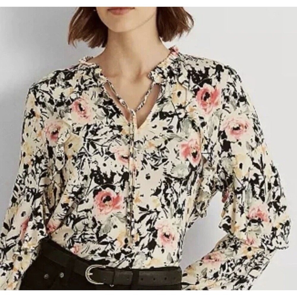 RALPH by Ralph Lauren Floral Jersey Ruffle Long Sleeve Top Blouse Size L